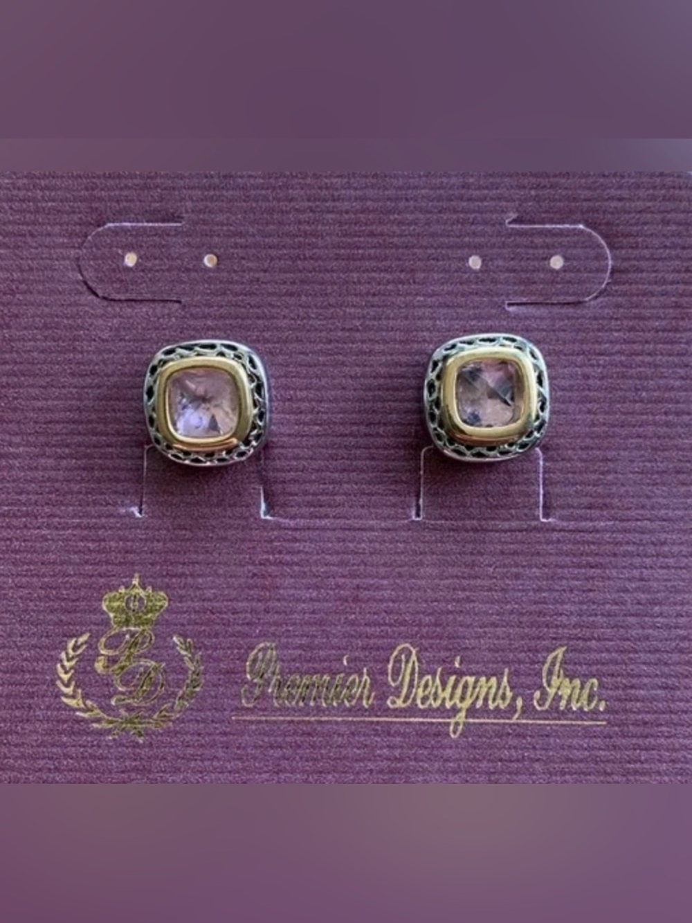 Two-toned Square Stud Premier Design Earrings with Purple Stone - Picture 12 of 12